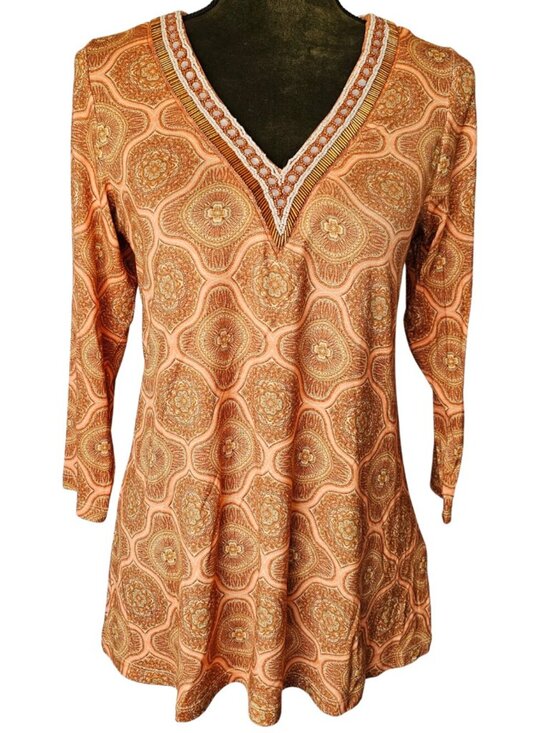 Soft Surroundings Tops - ✨Like New✨ Soft Surroundings Lilia Beaded V-Neck Tunic, Orange/Tan, Size XS
